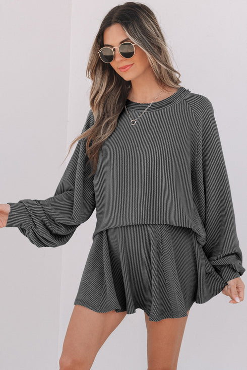 Corded Lantern Sleeve Top Ruffled Mini Skirt Two Piece Dress